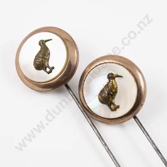 Two Edwardian Gold Plate MOP and Kiwi Emblem Finial Hat Pins