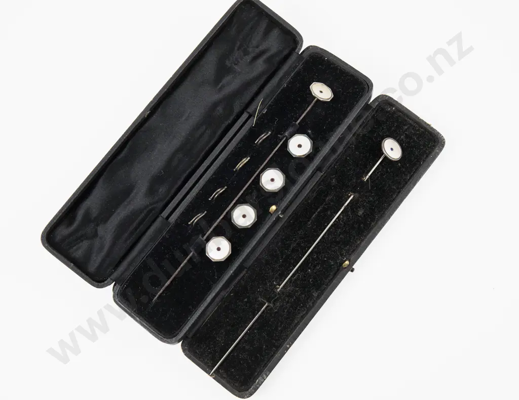 Two Cased Edwardian S/S & MOP Stick Pins One with Set Four Buttons Image 1++