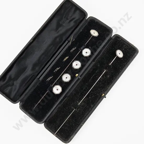 Two Cased Edwardian S/S & MOP Stick Pins One with Set Four Buttons