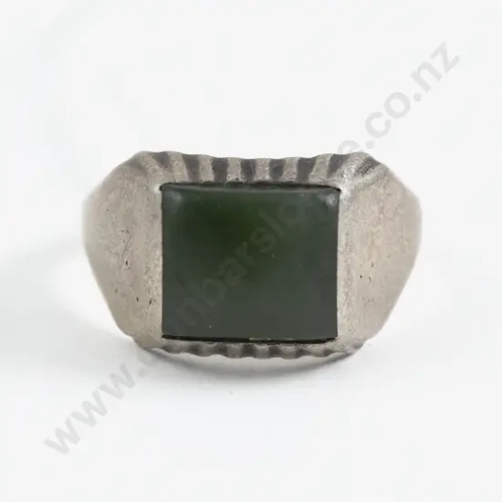 S/S Single Greenstone Panel Gents Signet Ring