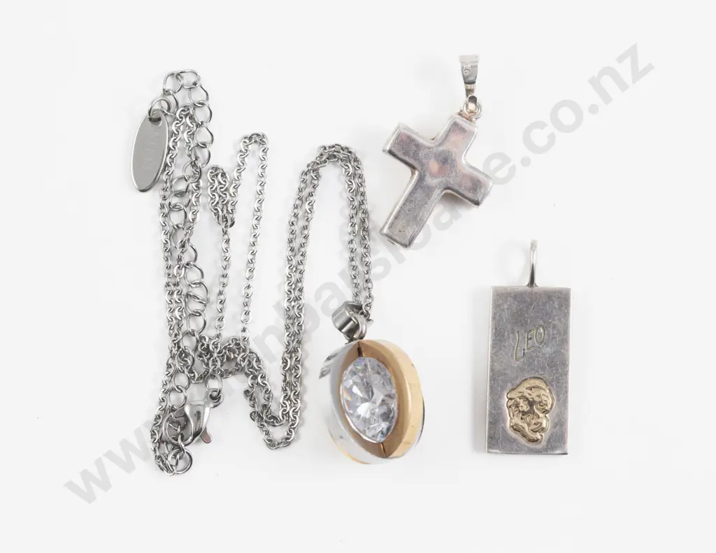 S/S Single Crystal Cross and Leo Zodiac Pendants with Other Image 1++