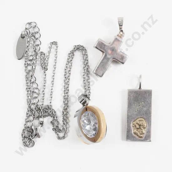 S/S Single Crystal Cross and Leo Zodiac Pendants with Other