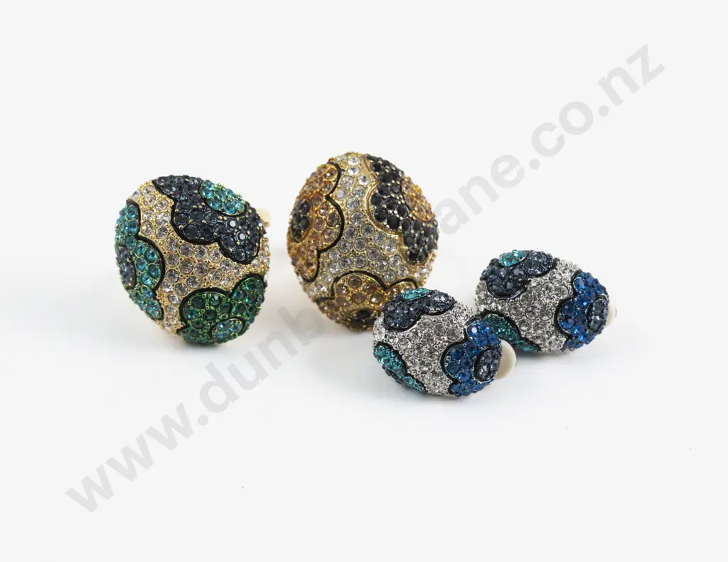 Two Gold Plated Crystal Set Floral Dress Rings with Pair of Matching Earrings Image 1++