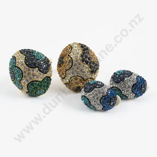Two Gold Plated Crystal Set Floral Dress Rings with Pair of Matching Earrings