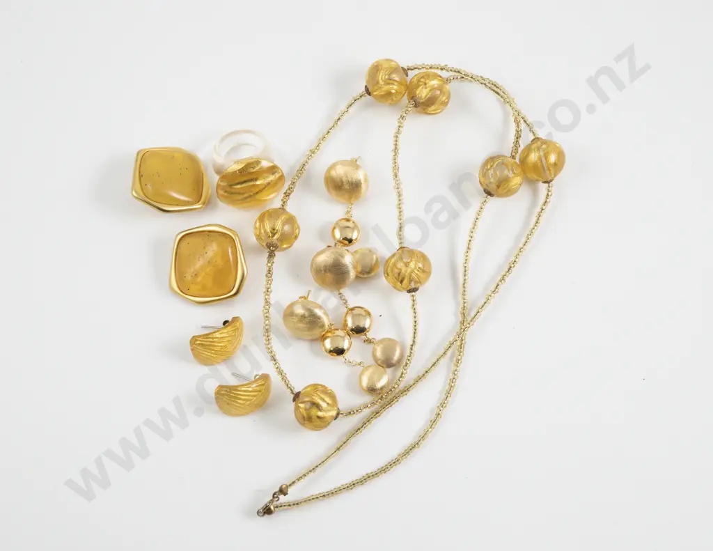 Single Strand Gold Glass Bead Necklace with Matching Ring and Three Pair of Earrings Image 1++