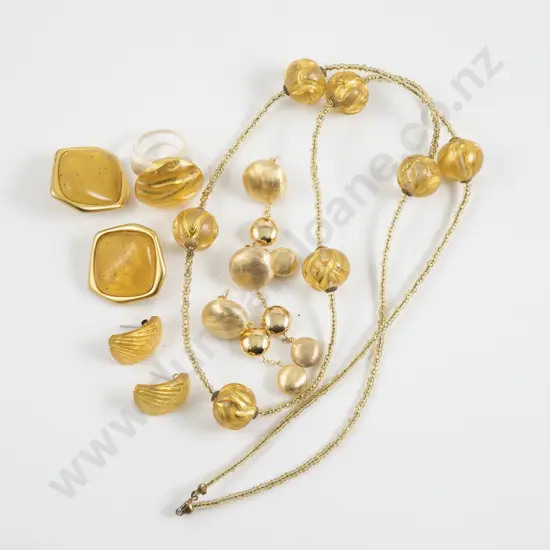 Single Strand Gold Glass Bead Necklace with Matching Ring and Three Pair of Earrings