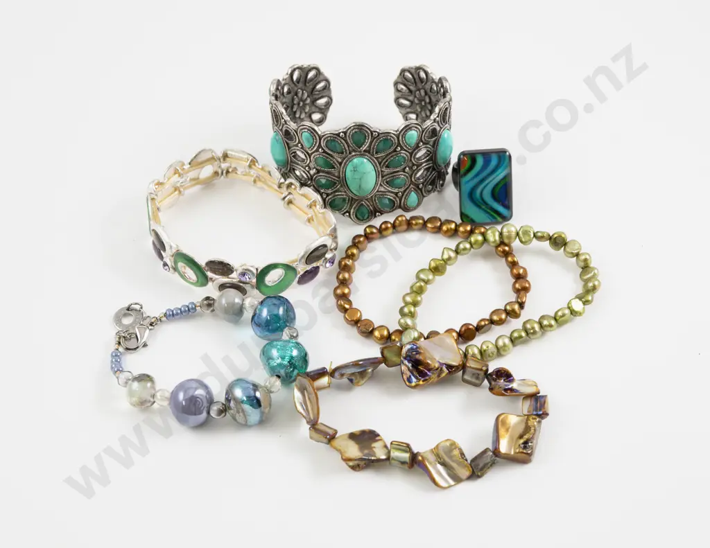 Two Baroque Fresh Water Pearl Bracelets with Cuff Bangle Ring and Three Other Bracelets Image 1++