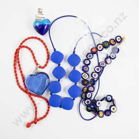 Single Strand Murano Glass Bead Necklace with Glass Heart Pendant and Two Others