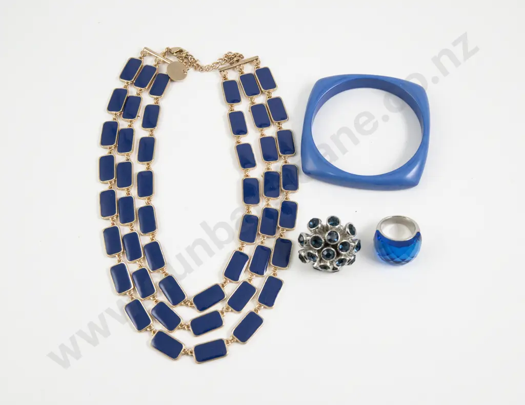 Sistaco Multi Strand Blue Enamel Panel Necklace with Two Dress Rings and Bangle Image 1++