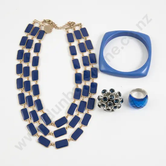 Sistaco Multi Strand Blue Enamel Panel Necklace with Two Dress Rings and Bangle