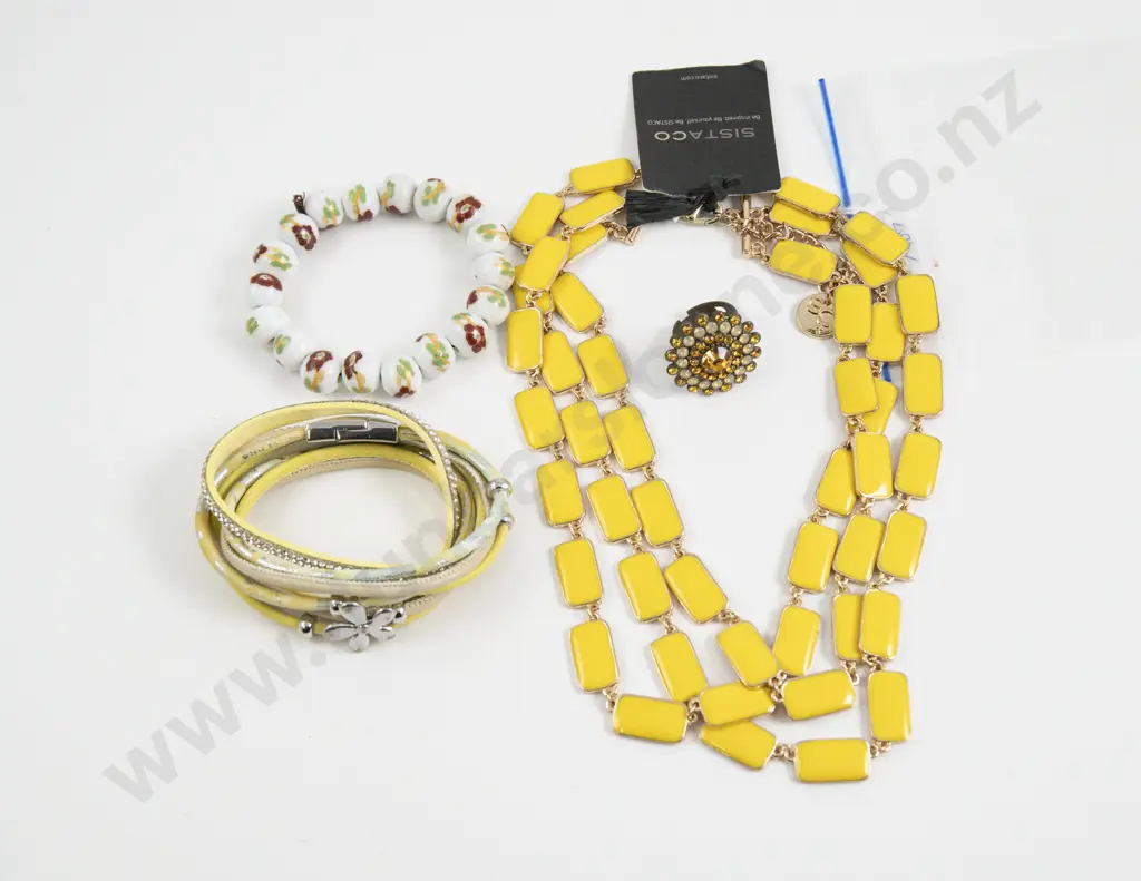 Sistaco Multi Strand Yellow Enamel Panel Necklace with Two Bracelets and Dress Ring Image 1++