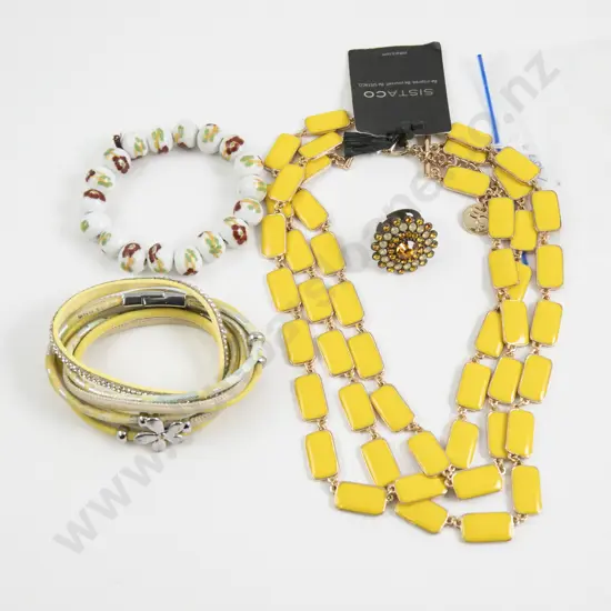 Sistaco Multi Strand Yellow Enamel Panel Necklace with Two Bracelets and Dress Ring