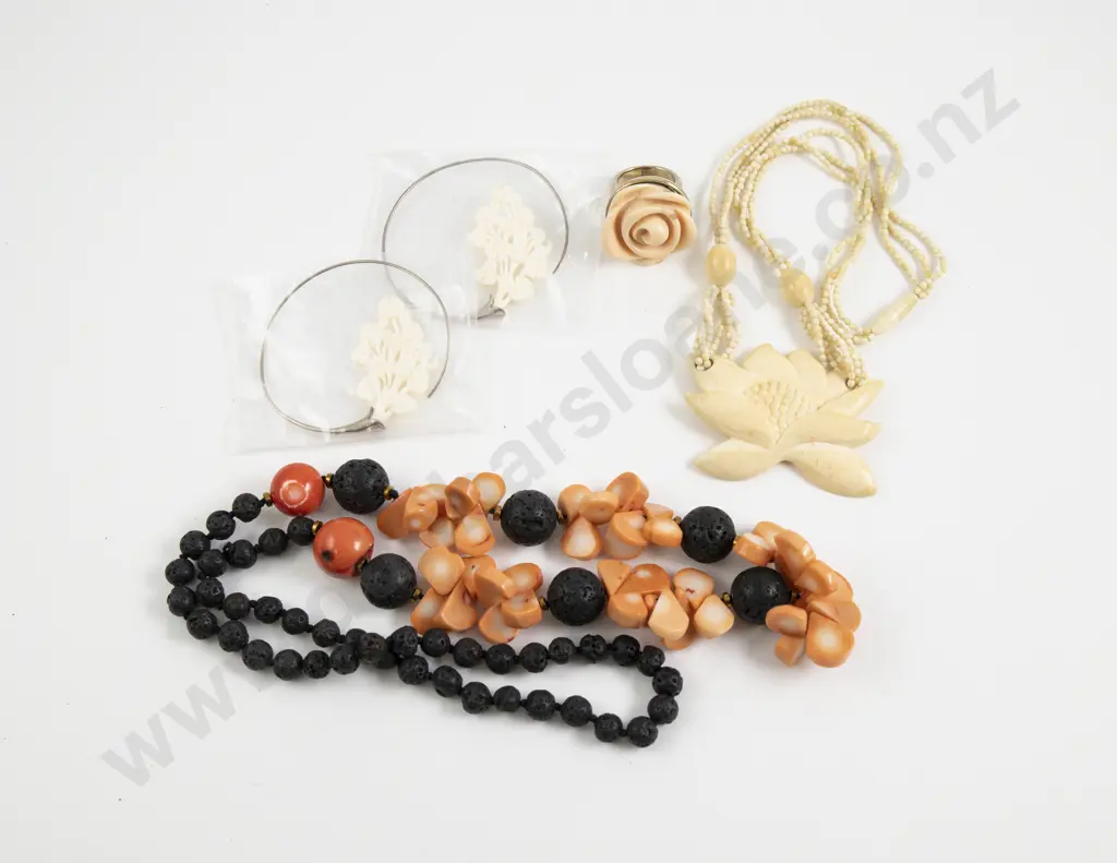 Dyrberg Kern Gold Plated Floral Dress Ring with Carved Bone Floral Bead Necklace and Two Others Image 1++