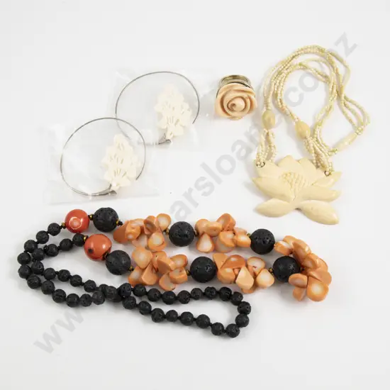 Dyrberg Kern Gold Plated Floral Dress Ring with Carved Bone Floral Bead Necklace and Two Others