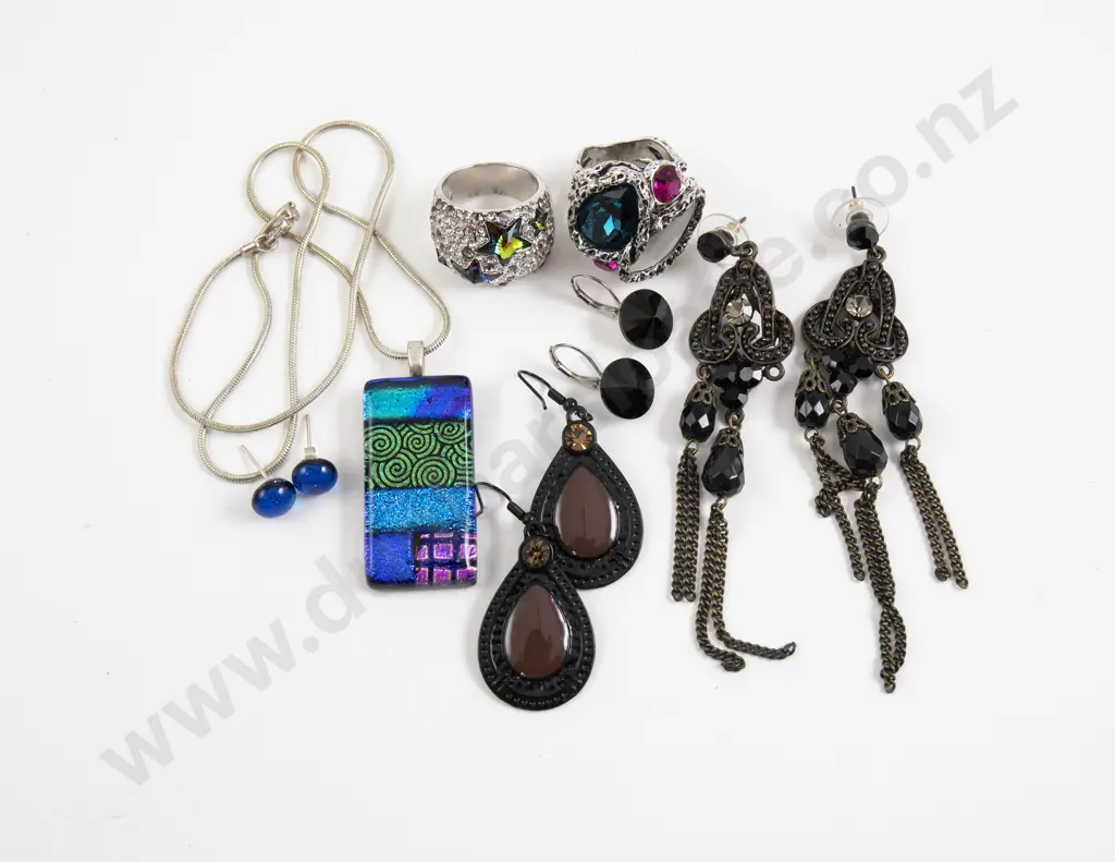 Two Silver Plated Crystal Set Dress Rings with Collection of Assorted Costume Jewellery Image 1++