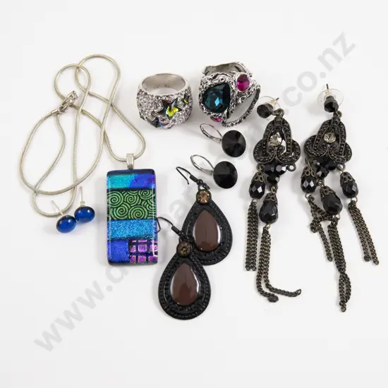 Two Silver Plated Crystal Set Dress Rings with Collection of Assorted Costume Jewellery