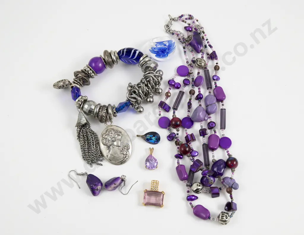Triple Strand Purple Bead Necklace with Charm Bracelet Image 1++