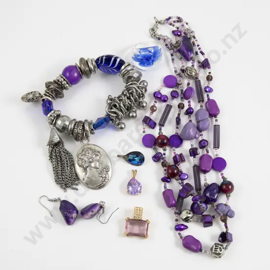 Triple Strand Purple Bead Necklace with Charm Bracelet