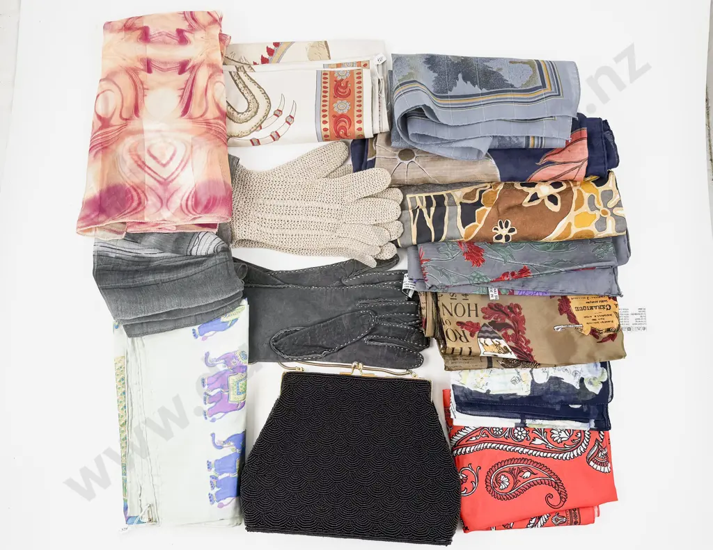 Various Scarves Gloves and Beaded Evening Purse Image 1++