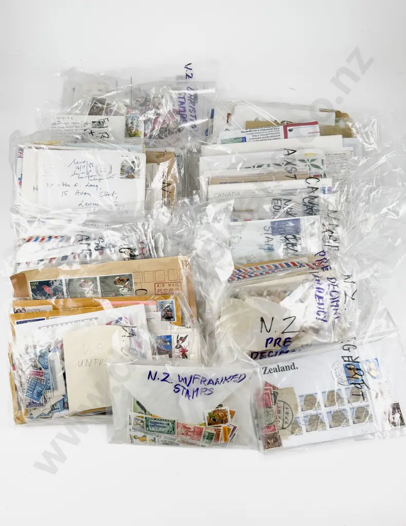 Qty World and NZ Semi-Sorted Loose Stamps Postcards and Histories Image 1++