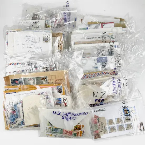 Qty World and NZ Semi-Sorted Loose Stamps Postcards and Histories