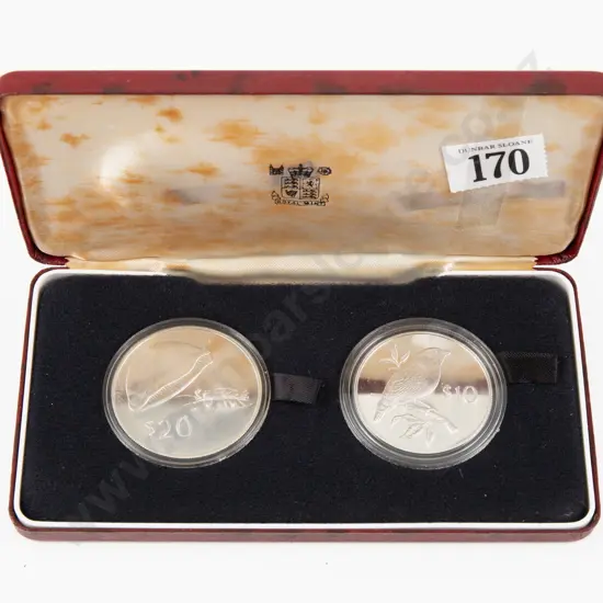 1978 Fiji Golden Cowrie $20 and Pink Billed Parrot Finch $10 Proof Silver Coins