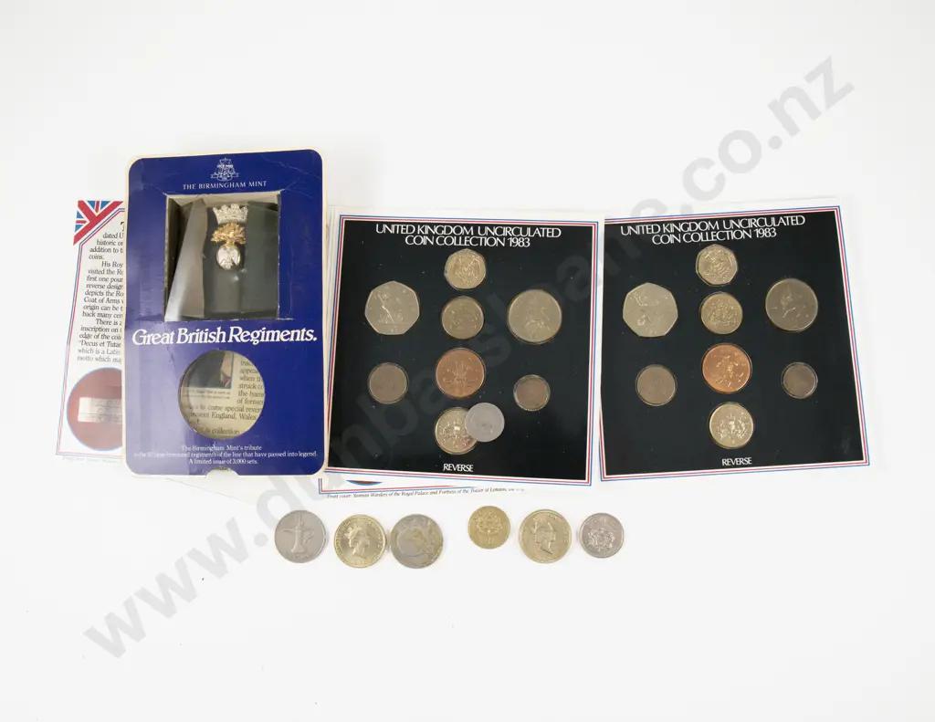 1983 United Kingdom Unc Coin Collection x2 with Two British Regiment Pin and Odd Coinage Image 1++