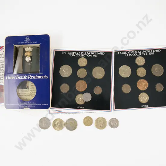 1983 United Kingdom Unc Coin Collection x2 with Two British Regiment Pin and Odd Coinage