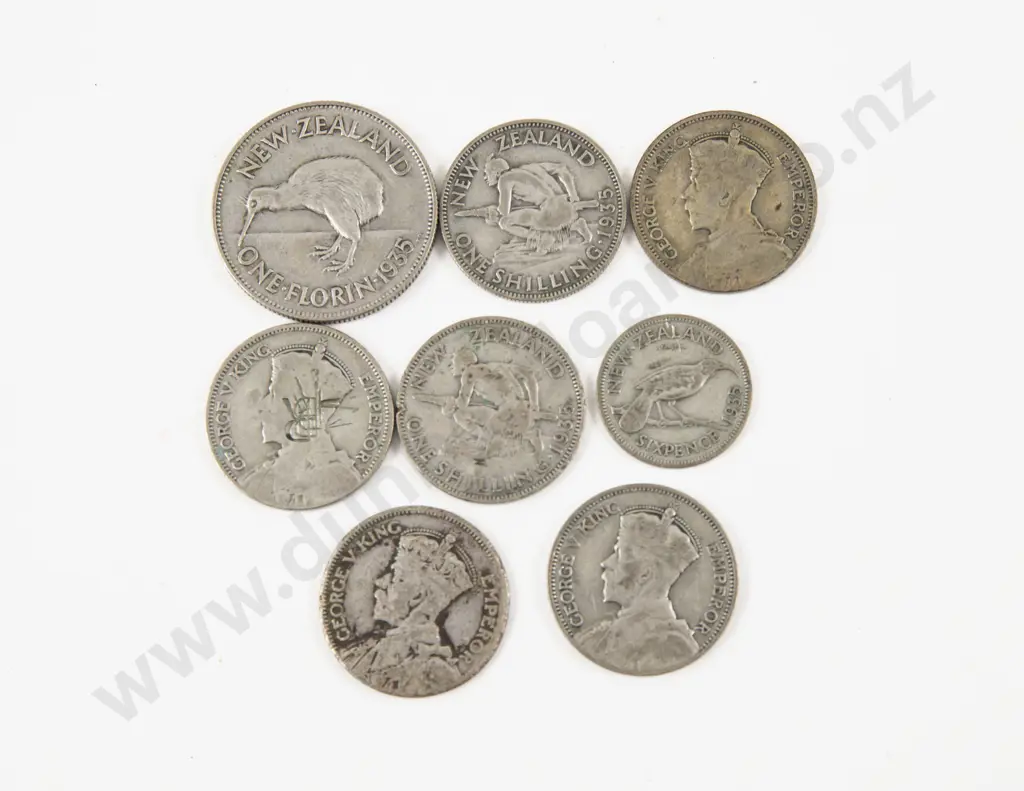 NZ 1935 Shilling x5 Florian x1 and Sixpence X1 Image 1++
