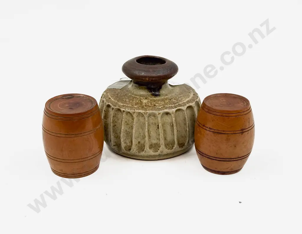 Pair of Small Treen Barrel Form Trinket Boxes and Small Pottery Vase Image 1++