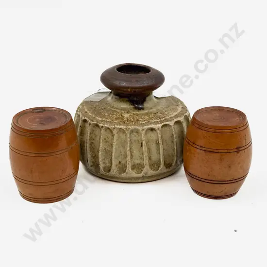 Pair of Small Treen Barrel Form Trinket Boxes and Small Pottery Vase