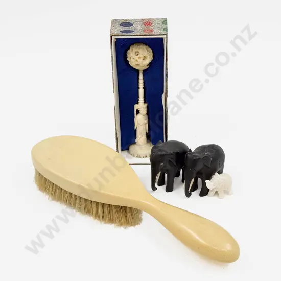 Small Boxed Puzzle Ball and Stand Together with Elephant Ornaments and Dressing Table Brush