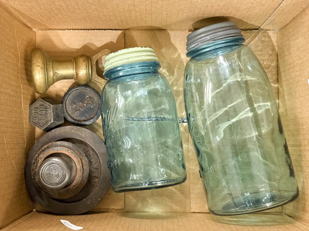Qty of Assorted Vintage Weights and Two Glass Mason Jars Image 1++