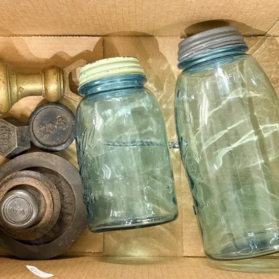 Qty of Assorted Vintage Weights and Two Glass Mason Jars