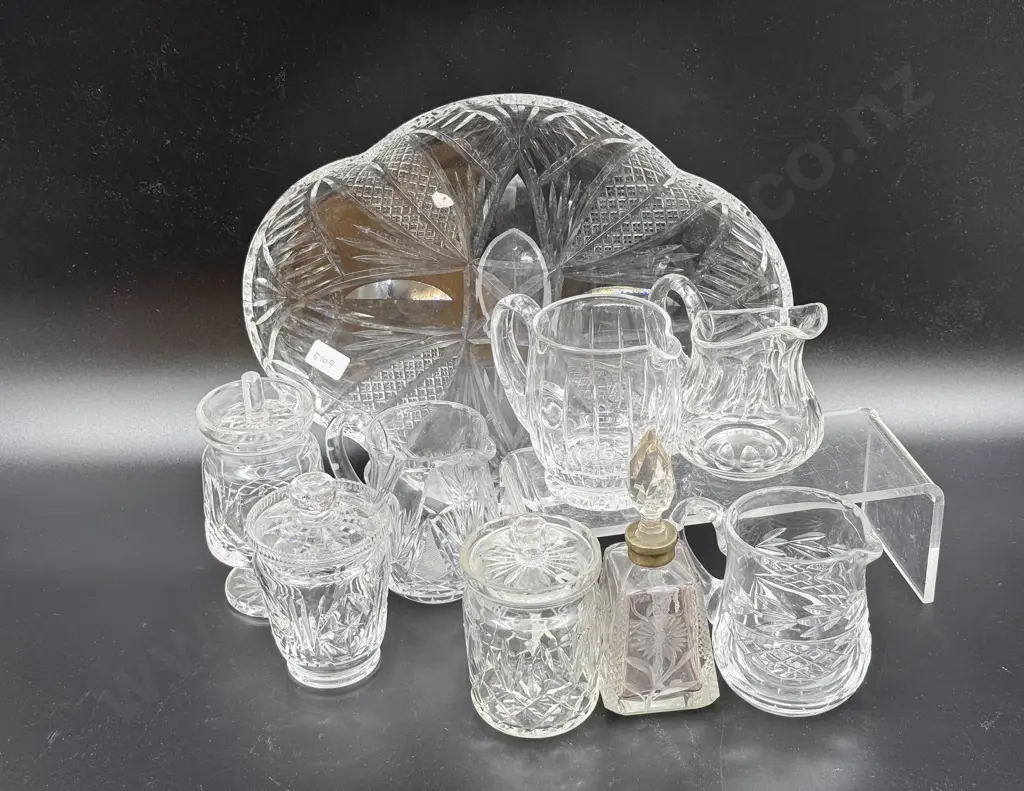 Waterford Crystal Pedestal Jar Together With S/S Rimmed Vanity Bottle and Assorted Crystal Image 1++