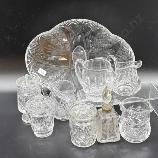 Waterford Crystal Pedestal Jar Together With S/S Rimmed Vanity Bottle and Assorted Crystal