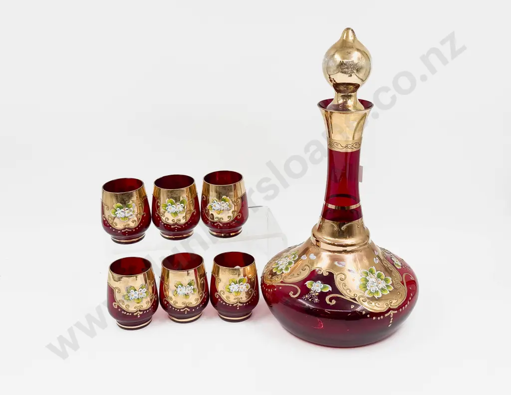 Venetian Ruby Glass Decanter and Six Matching Cups Image 1++
