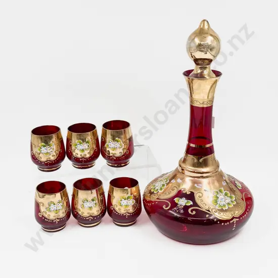 Venetian Ruby Glass Decanter and Six Matching Cups