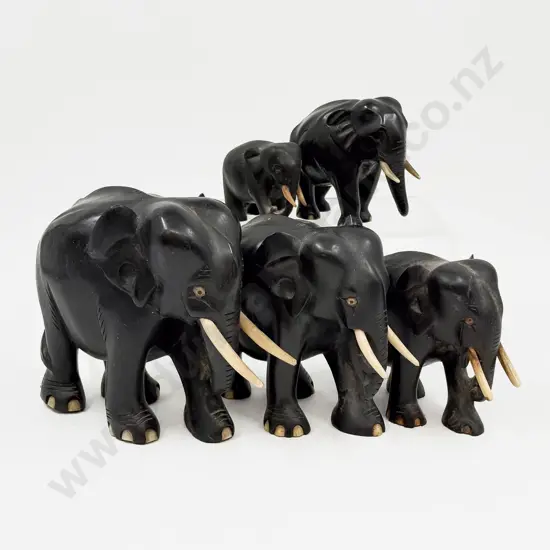 Graduated Set of Five Ebony Elephants