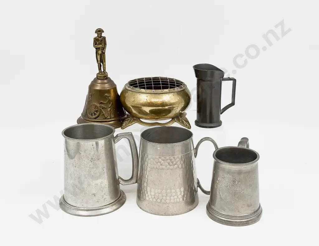Qty of Assorted Pewter Tankards With Brass Rose Bowl and Bell Image 1++