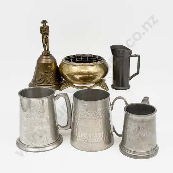 Qty of Assorted Pewter Tankards With Brass Rose Bowl and Bell