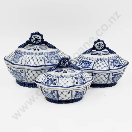 Graduated Set of Three Blue and White Lidded Dishes