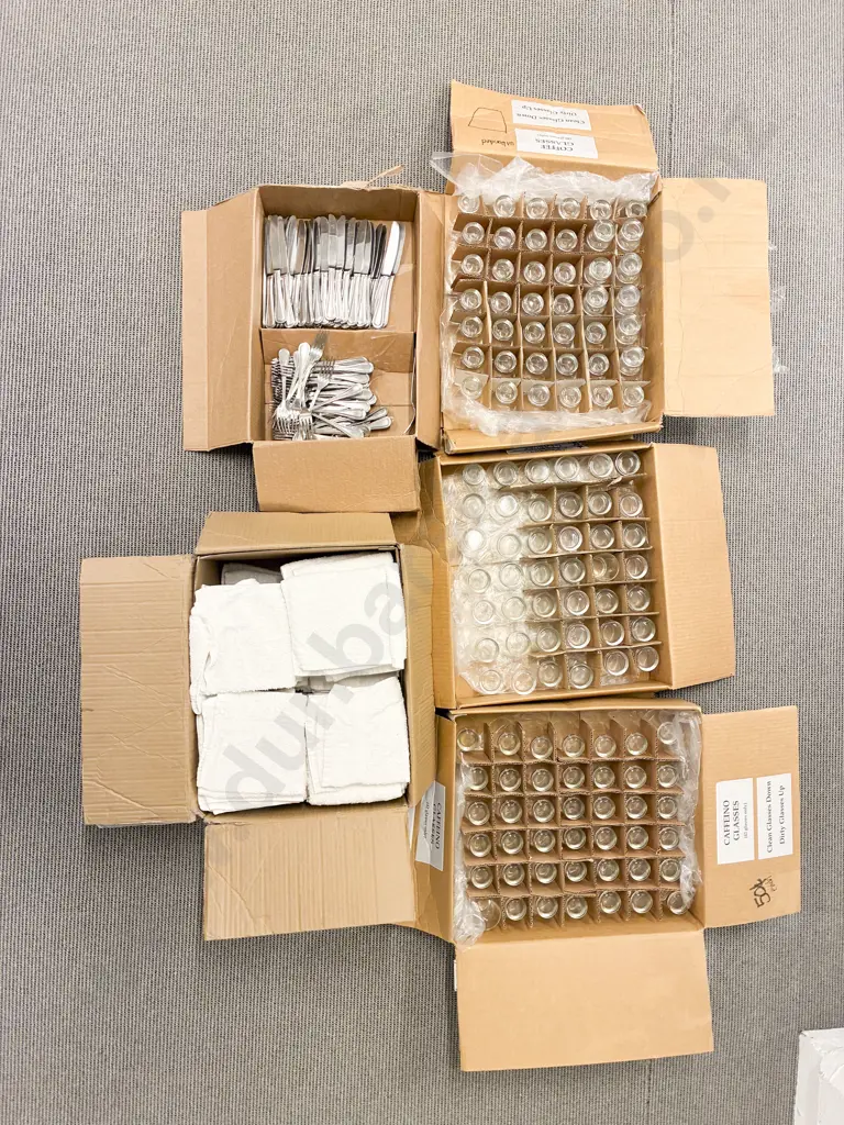 Five Assorted Boxes of Catering Cutlery Glasses and Wash Clothes Image 1++