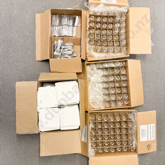 Five Assorted Boxes of Catering Cutlery Glasses and Wash Clothes