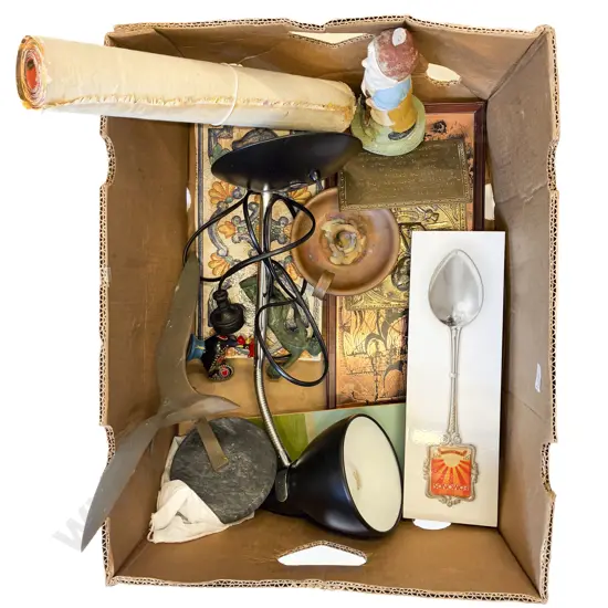 Box Qty of Assorted Including Bellows Brass Bird Ornament and Lamp Etc