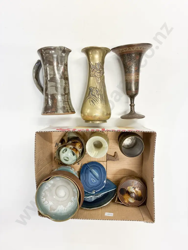 Box Qty of Assorted Pottery and Metal Ware Together With Hard Stone Puzzle Board Image 1++