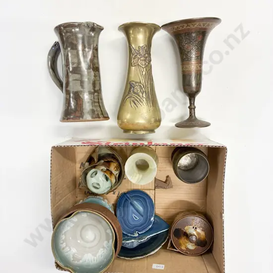 Box Qty of Assorted Pottery and Metal Ware Together With Hard Stone Puzzle Board