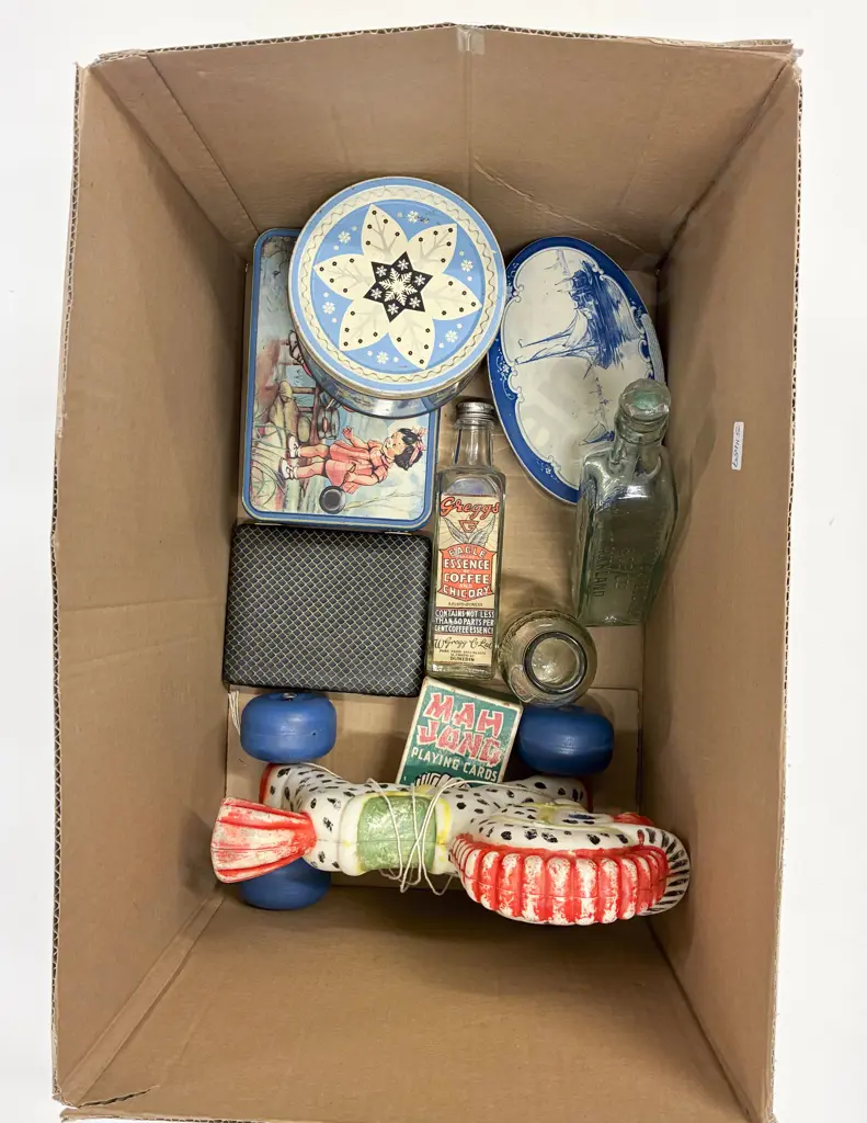 Box Qty of Assorted Vintage Including Toys Cigarette Card Bottles and Tins Image 1++