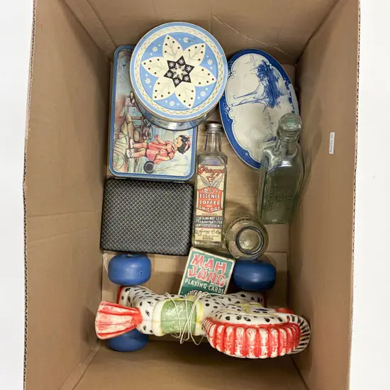 Box Qty of Assorted Vintage Including Toys Cigarette Card Bottles and Tins