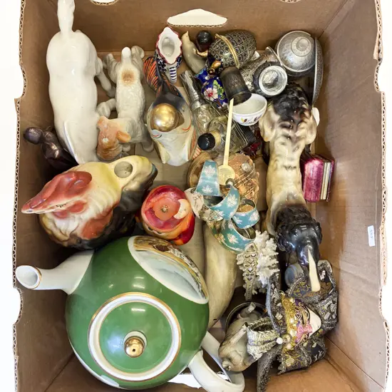 Box Qty of Assorted Ornaments Including Novelty Sized Tea Pot Etc